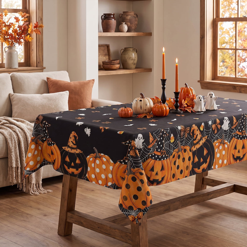 Sm:)e Ghost Bat Pumpkin Spider Web Halloween Tablecloth 60x84 Inch, Wrinkle-Resistant & Machine Washable Table Cover for Dining Decor, Rectangle