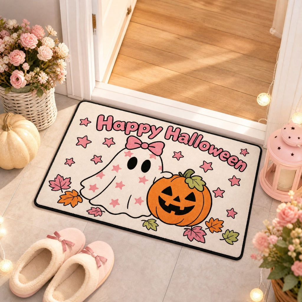 Halloween Doormat Ghost Bath Mat 23.6x15.7in Secure-Grip Absorbent Soft Faux Fur Rug for Bathroom Bedroom Living Room Decor by OVFUIZ
