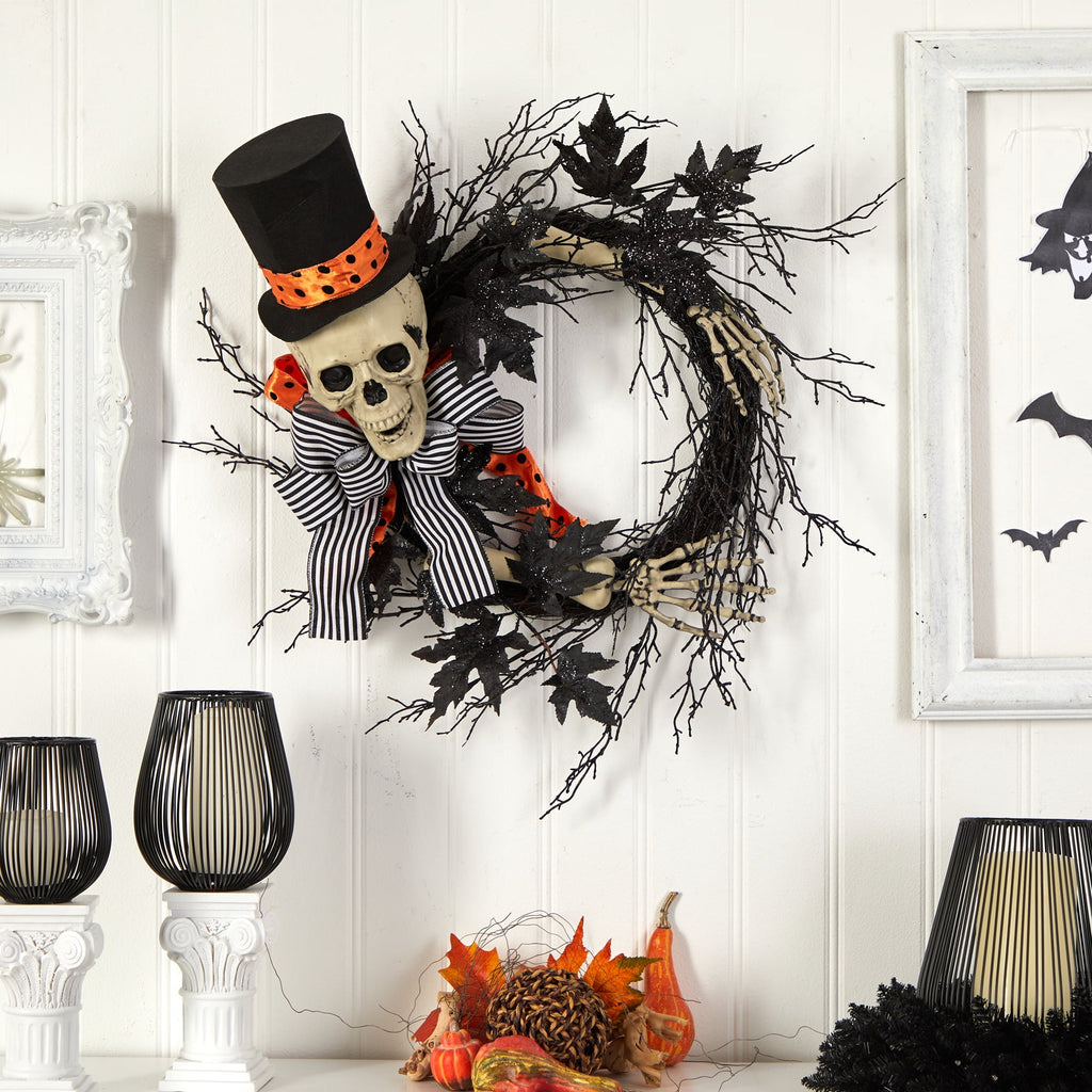Nearly Natural 26in. Halloween Dapper Skeleton Wreath