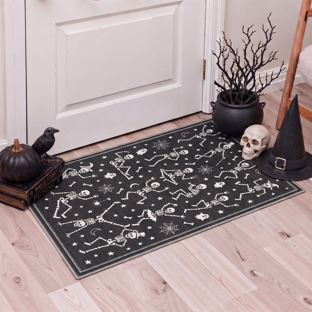 GENIMO 2'x7' Halloween Runner Rug, Washable Non Slip Soft Whimsical Skeleton Indoor Outdoor Hallway Runner for Porch Patio Kitchen Entryway, Charcoal Black