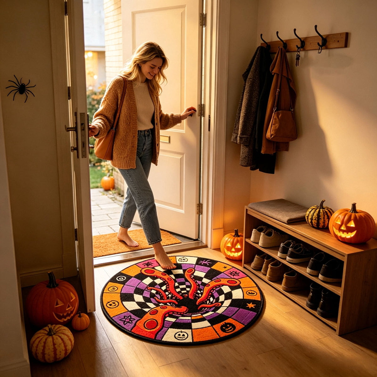 Candy Corn Octopus Abyss Quilted Round Mat, 3D Halloween Optical Illusion Rug, Optical Illusion with Depth Pattern, Non- Soft Fabric (15.7in)