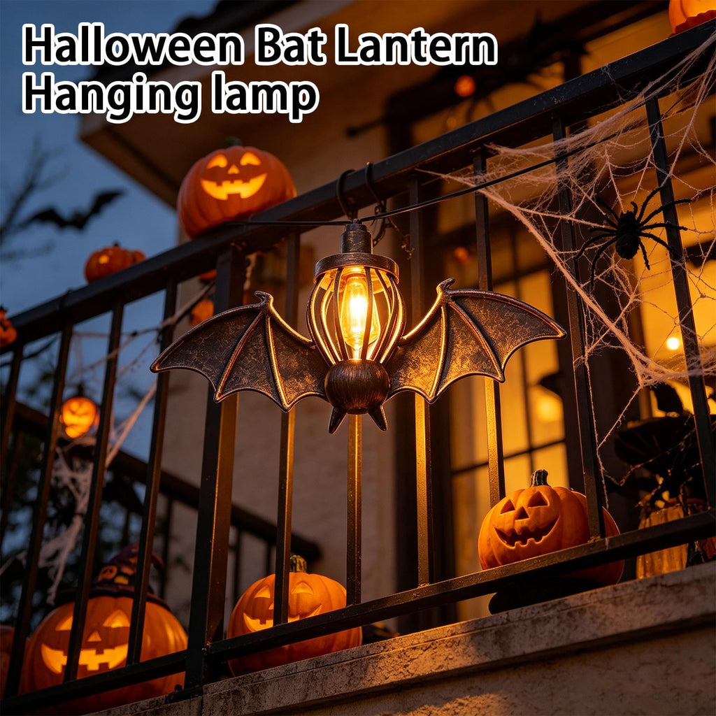 2026 New Halloween Hanging Bat Flame Lights, Vintage Metal Frame Lantern with Warm Amber Edison Bulb, Indoor Outdoor String Light Decor for Porch Patio Room