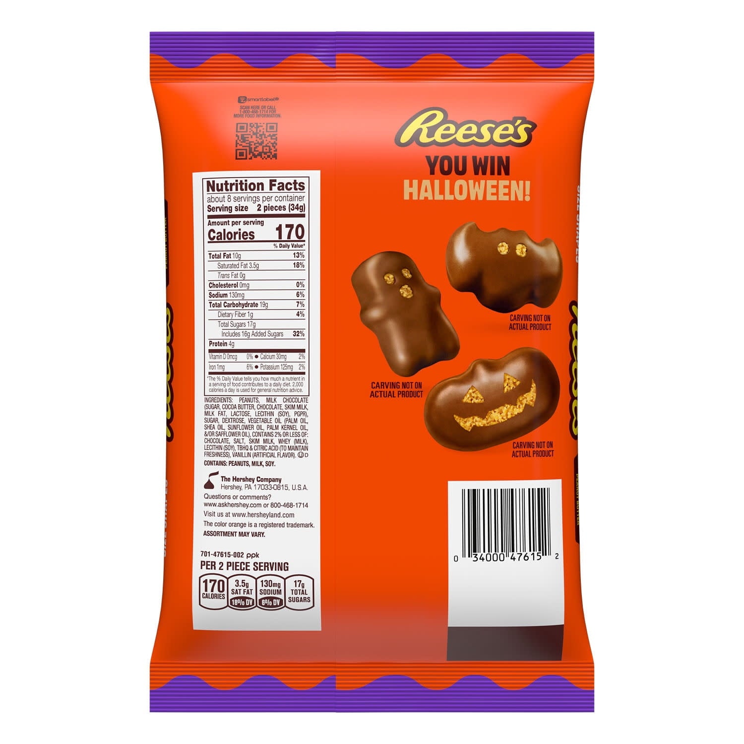 Reese's Assorted Milk Chocolate Snack Size Peanut Butter Shapes, Halloween Candy Bag, 9 oz