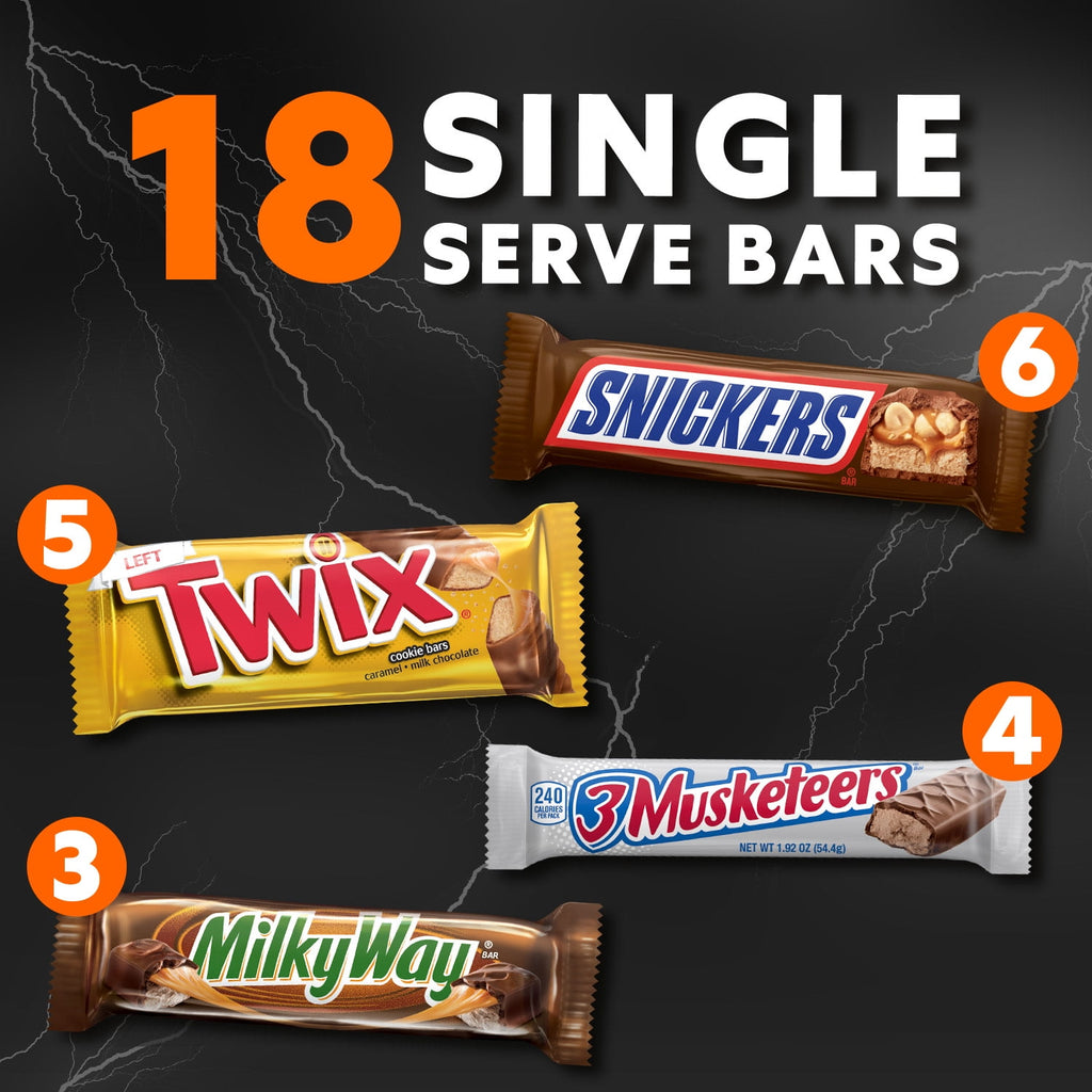 Snickers, Twix, Milky Way & 3 Musketeers Variety Pack Halloween Milk Chocolate Candy Bars -18 Count Box