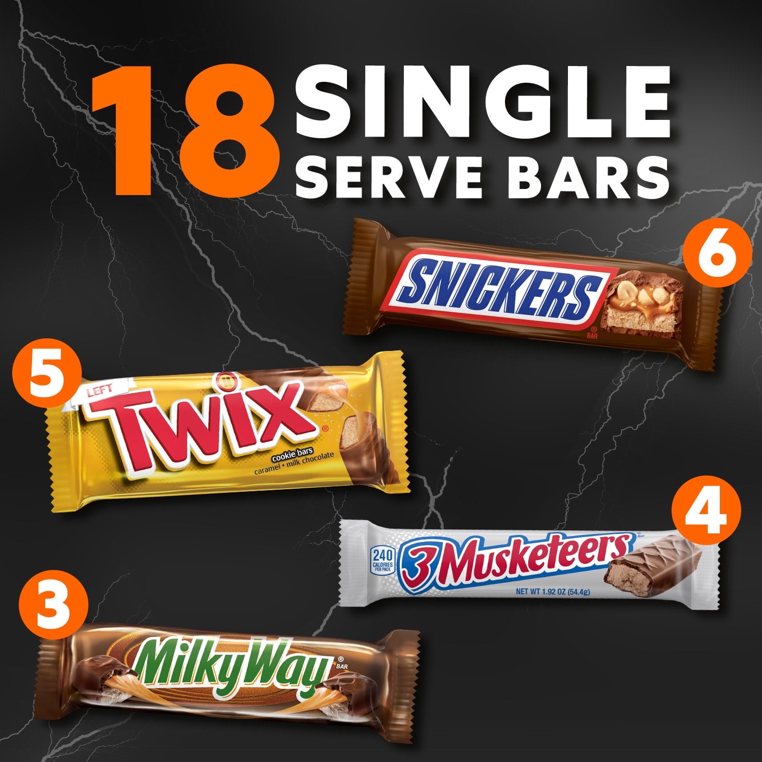 Snickers, Twix, Milky Way & 3 Musketeers Variety Pack Halloween Milk Chocolate Candy Bars -18 Count Box