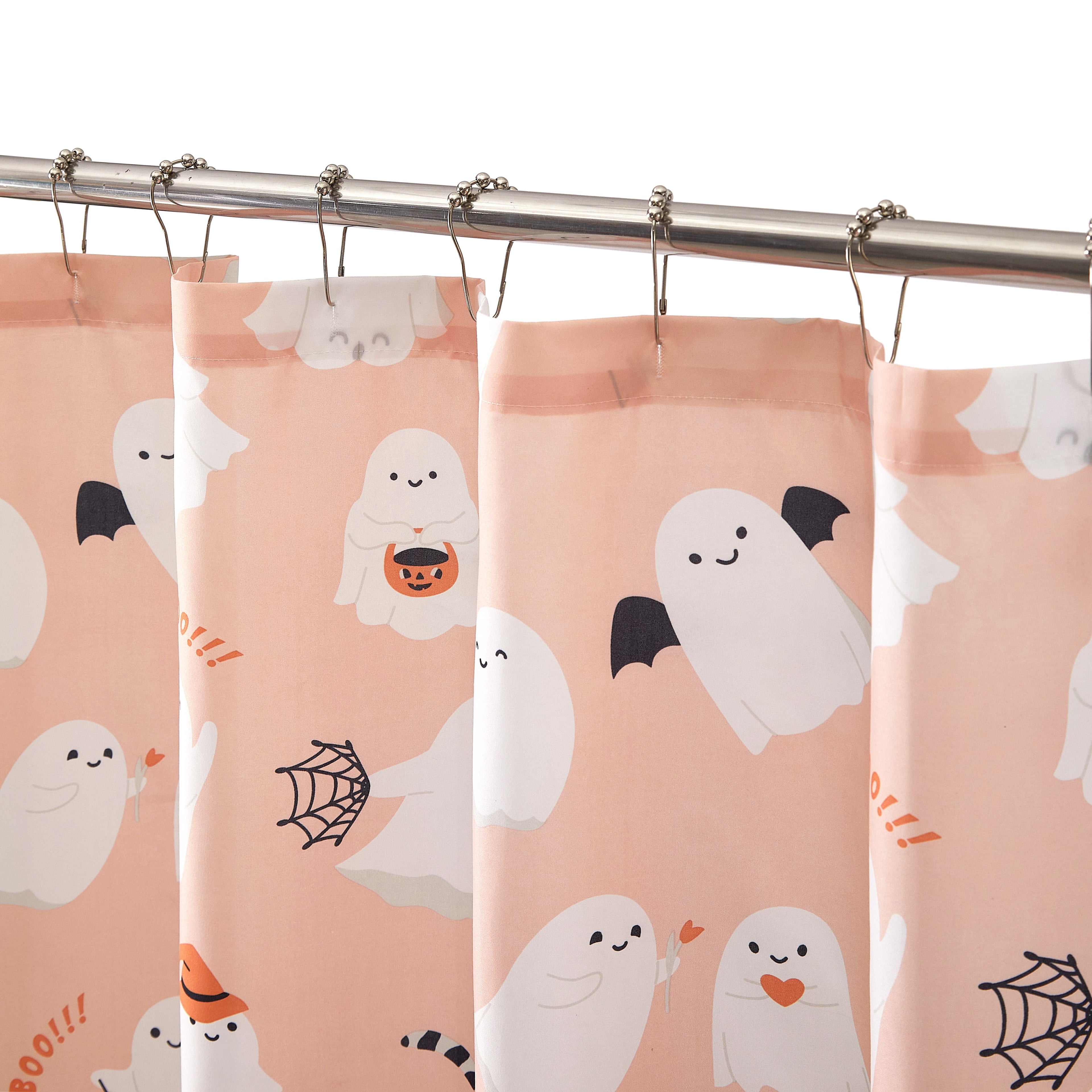Way To Celebrate 13-Piece Cute Ghost Shower Curtain Set with 12 Hooks, Pink