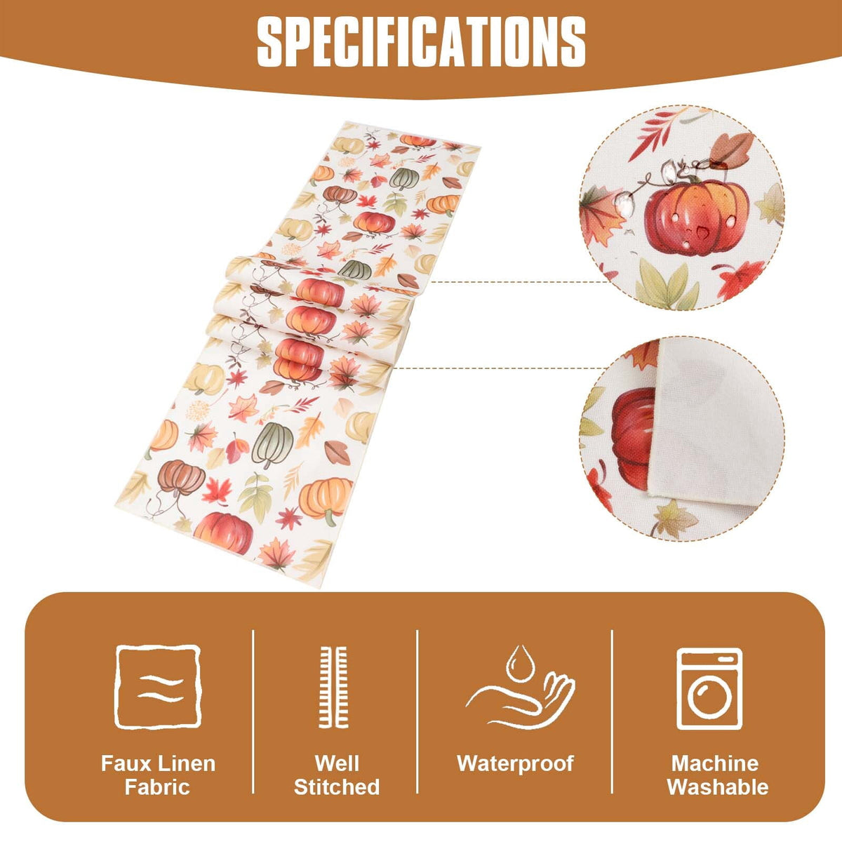 OVZME Joyce Fall Leaves Table Runner for Kitchen Dining Table, Thanksgiving Autumn Printed Harvest Pumpkins Maple Leaves for Halloween Holiday Home Decorations, Water-Proof, Washable, 13" W x 90" L