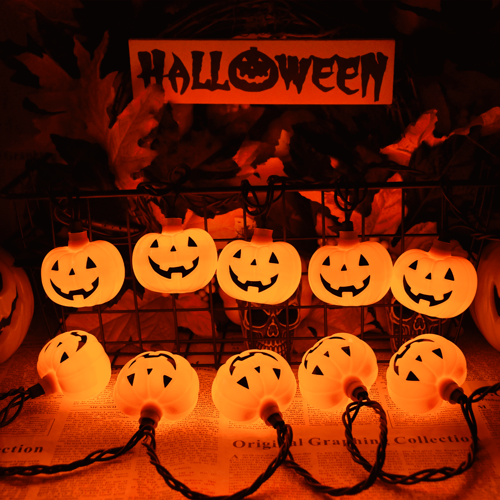 Halloween Pumpkin String Lights, 8.5Ft Outdoor Halloween Decorations Lights with 10 Jack-O-Lantern Lights, Hanging Pumpkin String Lights Party Patio Garden Window Decor