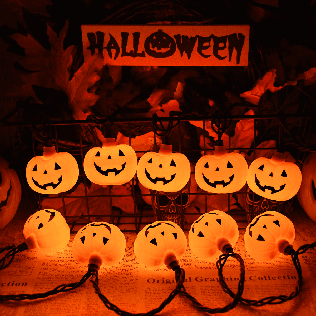 Halloween Pumpkin String Lights, 8.5Ft Outdoor Halloween Decorations Lights with 10 Jack-O-Lantern Lights, Hanging Pumpkin String Lights Party Patio Garden Window Decor