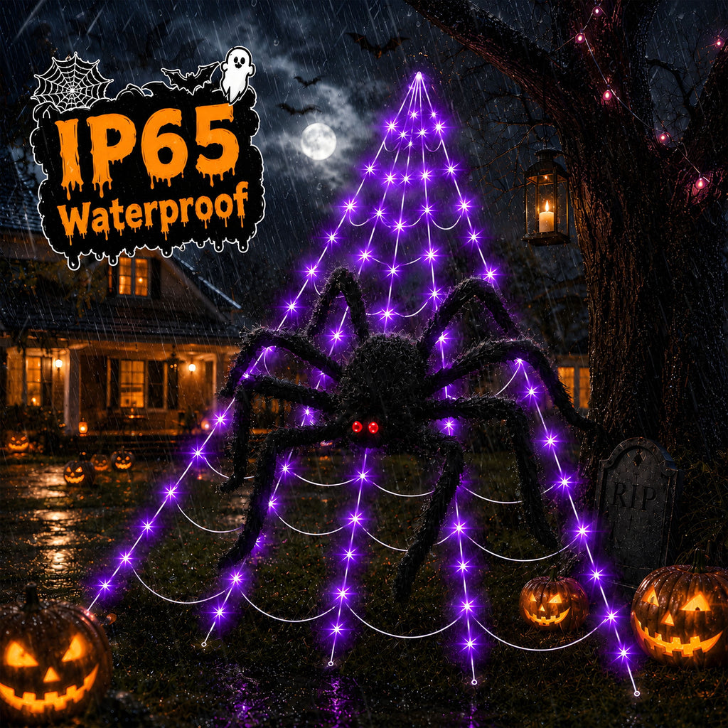 DAYBETTER Halloween Spider Web Lights, 5FT Giant Spider, 250 LED Holiday Lights, Remote Control Waterproof for Indoor Outdoor Yard Party Halloween Decorations (Purple & Orange)