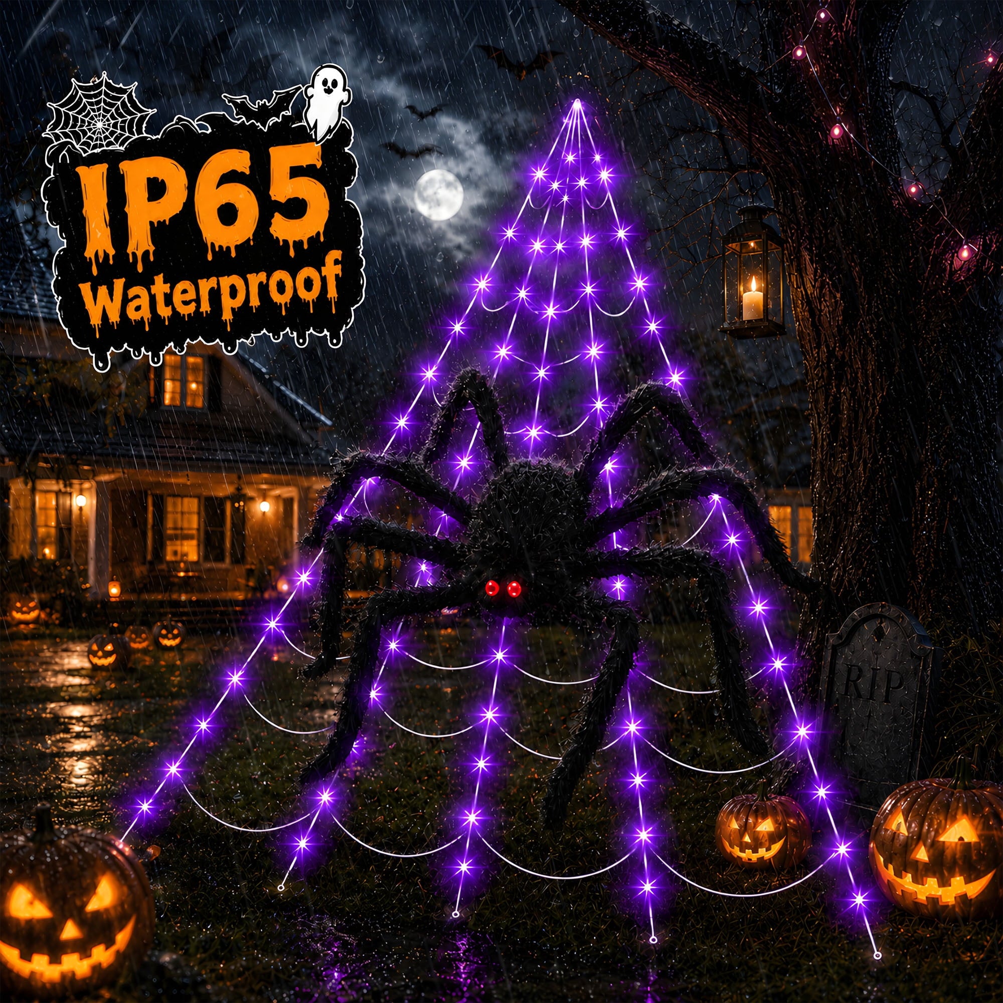 DAYBETTER Halloween Spider Web Lights, 5FT Giant Spider, 250 LED Holiday Lights, Remote Control Waterproof for Indoor Outdoor Yard Party Halloween Decorations (Purple & Orange)
