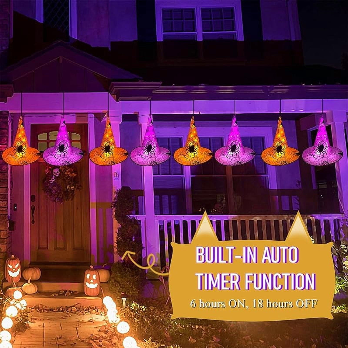 Halloween Decorations 8 Pcs Lighted Hanging Witch Hats, Remote Control with 8 Modes Light Up 14 FT Halloween String Lights, for Indoor Outdoor Yard, Lawn, Graveyard Scenes Party