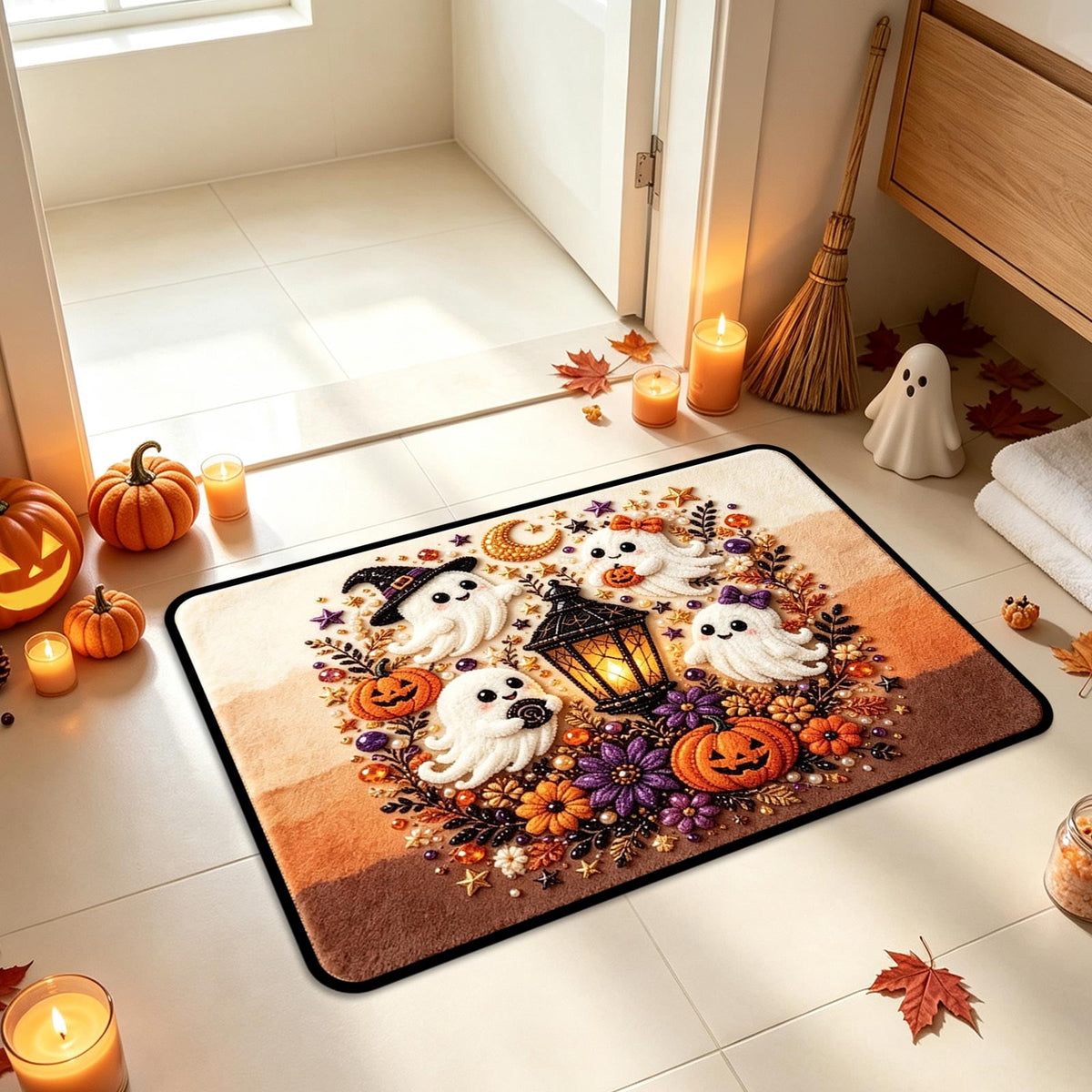 Halloween Doormat Ghost Bath Mat 23.6x15.7in Secure-Grip Absorbent Soft Faux Fur Rug for Bathroom Bedroom Living Room Decor by OVFUIZ
