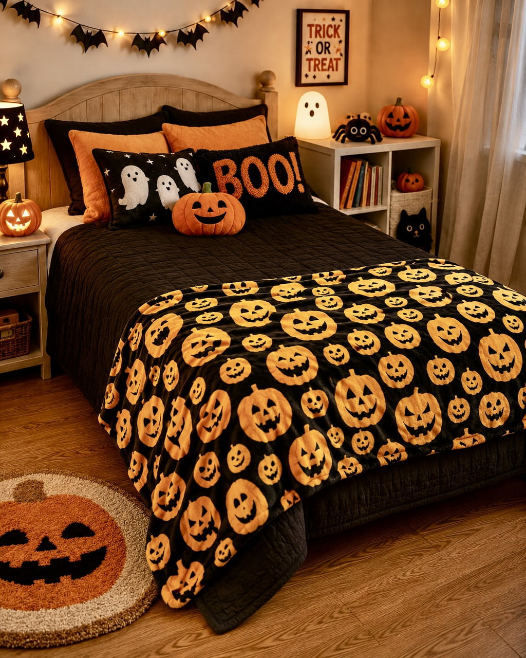 Serafina Home Halloween Throw Blanket: Fuzzy Boo! Jack O'Lantern Spider Webs Skull and Black Cats Print on Velvet Fleece for Sofa Bed Couch Chair Dorm
