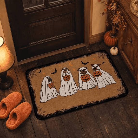 Halloween Doormat Ghost Bath Mat 23.6x15.7in Secure-Grip Absorbent Soft Faux Fur Rug for Bathroom Bedroom Living Room Decor by OVFUIZ