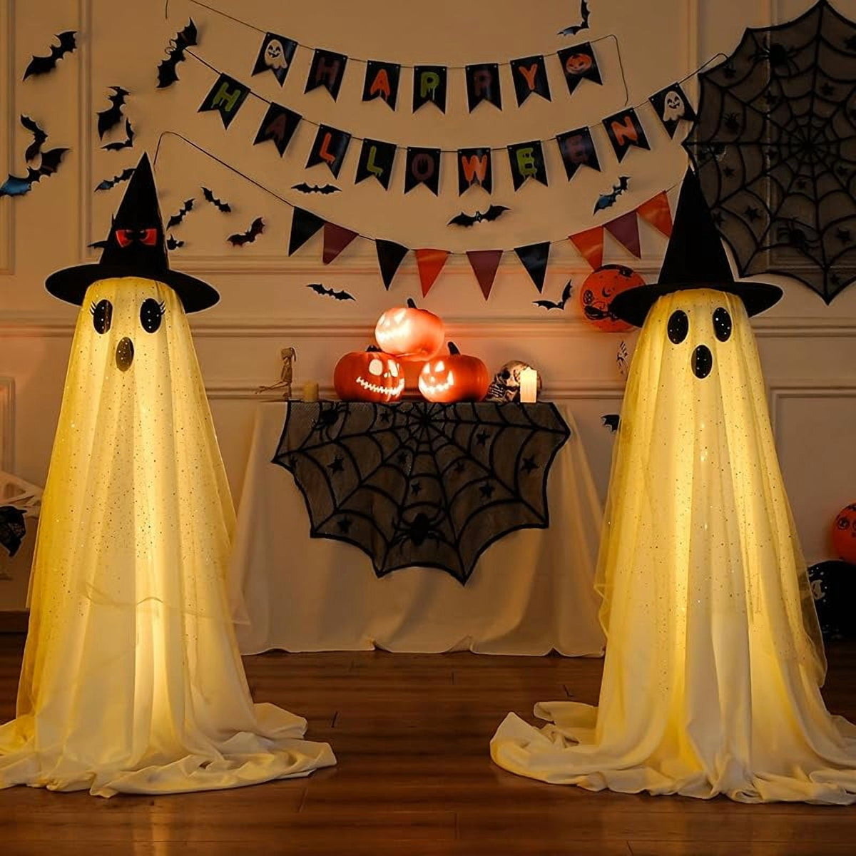 2-Pack Halloween Decorations Outdoor, Halloween Party Decorations Indoor, Ghost Decorations with Remote Control String Lights, Halloween Ghost Lights Suitable for Porch, Courtyard, Garden, Lawn