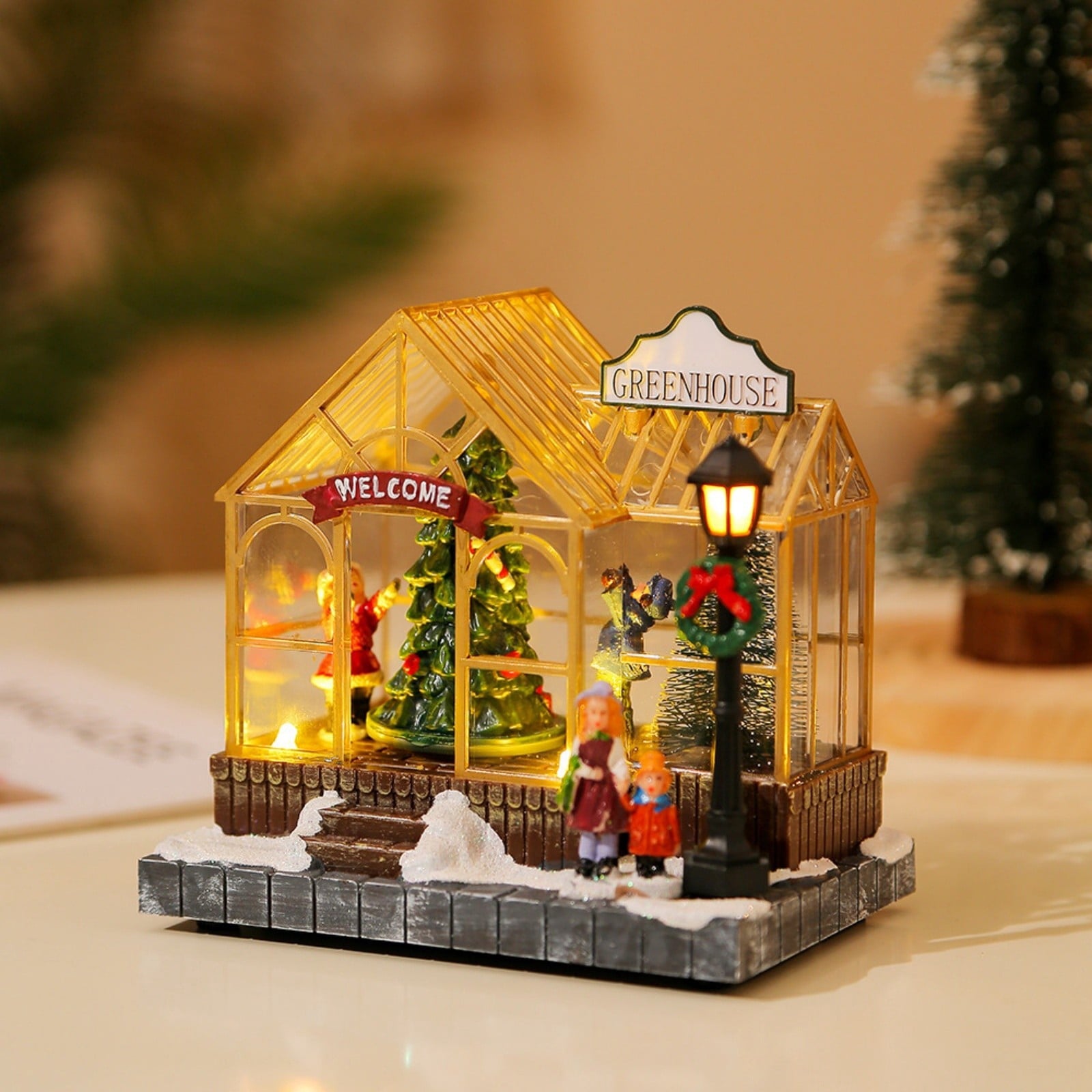 Christmas Village Greenhouse 1pc, 5.51in, a Lighted Musical Holiday House with Rotating Tree, Animated Resin Tabletop Decor, a Collectible Xmas Village Building for Home and Mantle Display