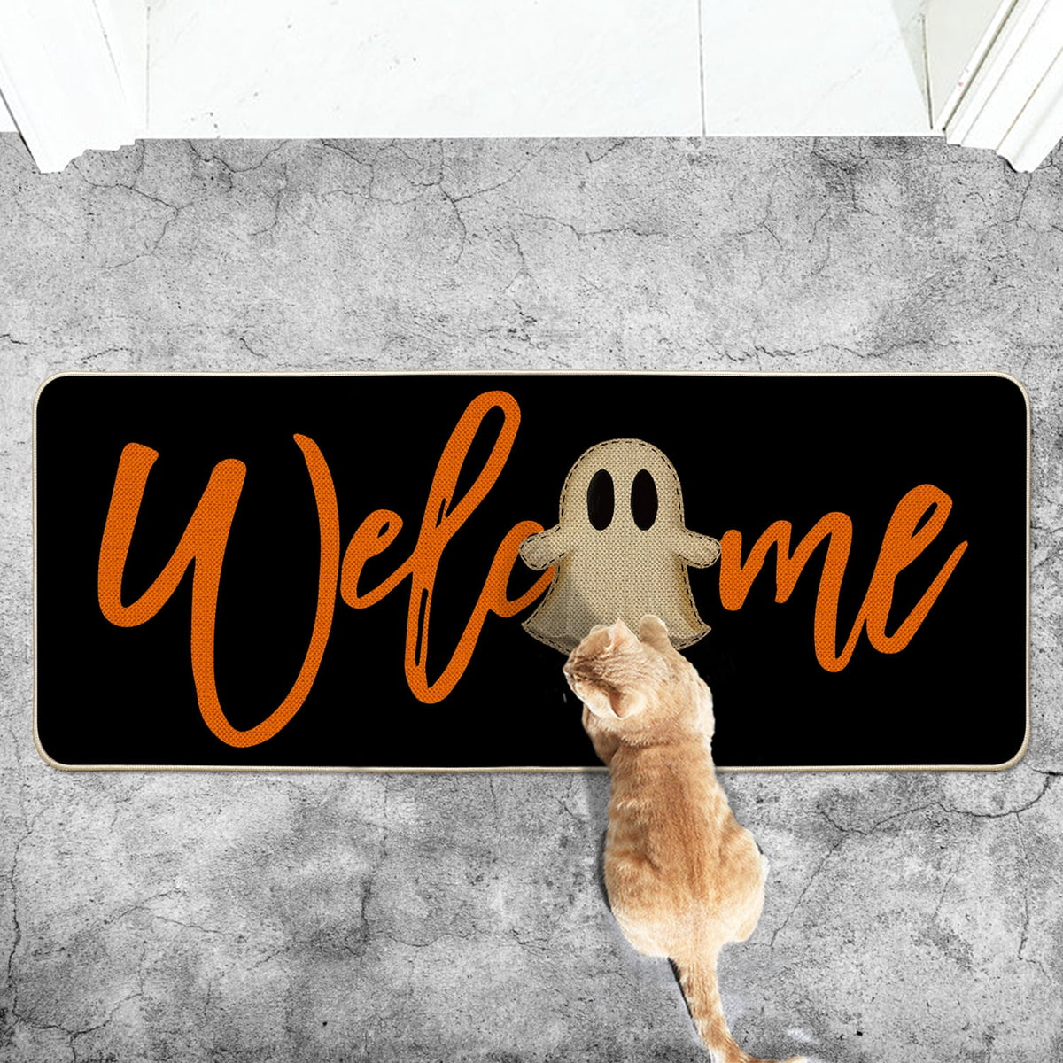 Sm:)e Polka Dot Black Cat, Jack-O'-Lantern, Ghost Halloween Welcome Doormat, 17x29 Inch