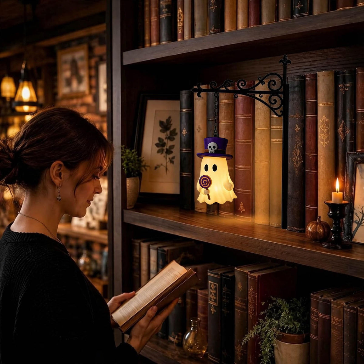 Nkmbld Halloween Bookshelf Lamp, Vintage Library Lantern Decorative Bookshelf Lighting, Hanging Ghost Lantern Book Shelf Light, Halloween Decorations Indoor