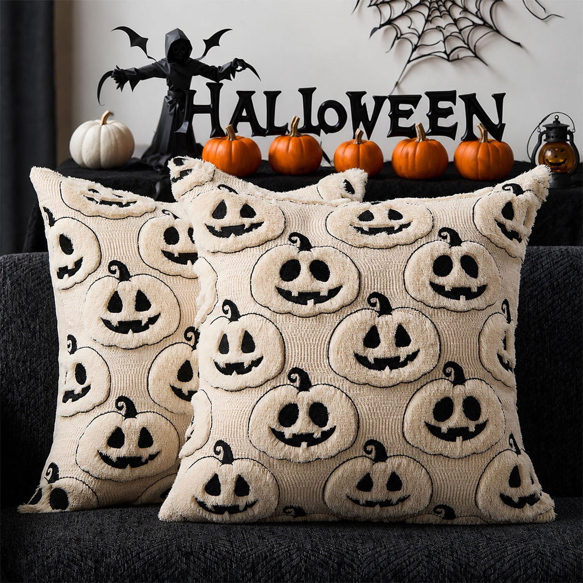 Halloween Ghost Reading Book Throw Pillow Cover, Spooky Library Bookshelf Skull Candlestick Decorative Pillowcase, Retro Halloween Cushion Cover