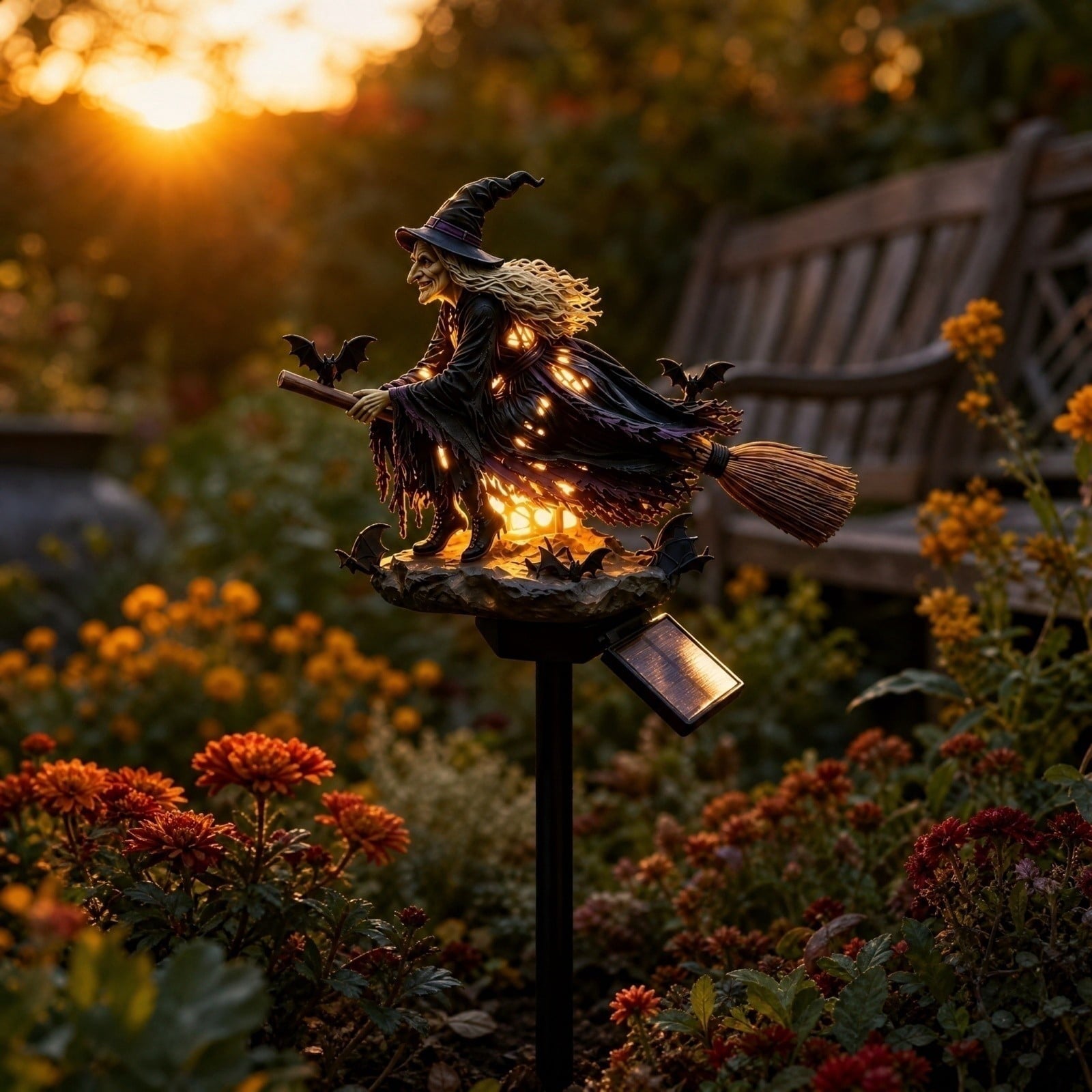 Halloween Witch Cauldron Garden Light, 3D Witch Cauldron LED Projector Outdoor Decor, Solar Powered Garden Stake Light with Halloween Shadow Projection Effect