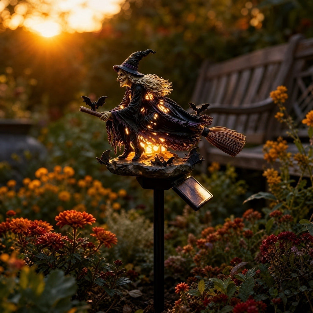 Halloween Witch Cauldron Garden Light, Solar Powered Halloween Projector Outdoor Decoration with Flying Witch and Lighted Cauldron, Witch Light Stake for Lawn Garden Porch Yard Decor, Style D