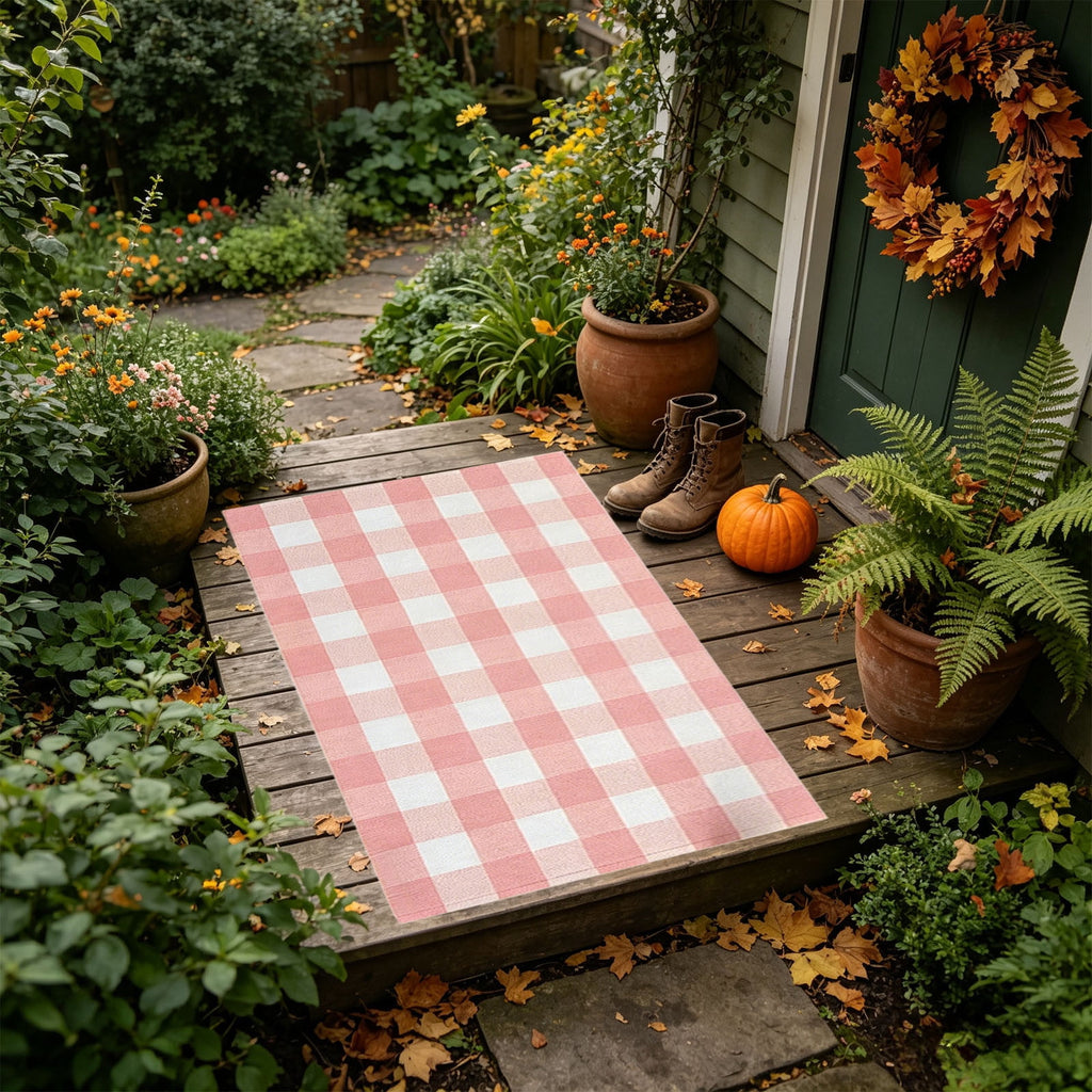 Orange Plaid Fall Outdoor Mat, Hand-Woven Porch Rug for Thanksgiving Halloween Door Decor