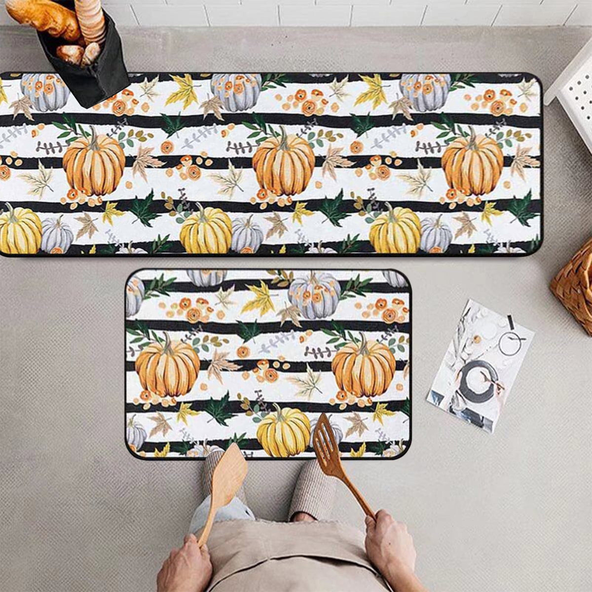 Decorative Kitchen Floor Mats Set of Two, Fall Theme Pumpkin Turkey Pattern Kitchen Rugs and Mats for Outdoor Indoor Kitchen Decor Halloween Thanksgiving Non-Slip Doormat
