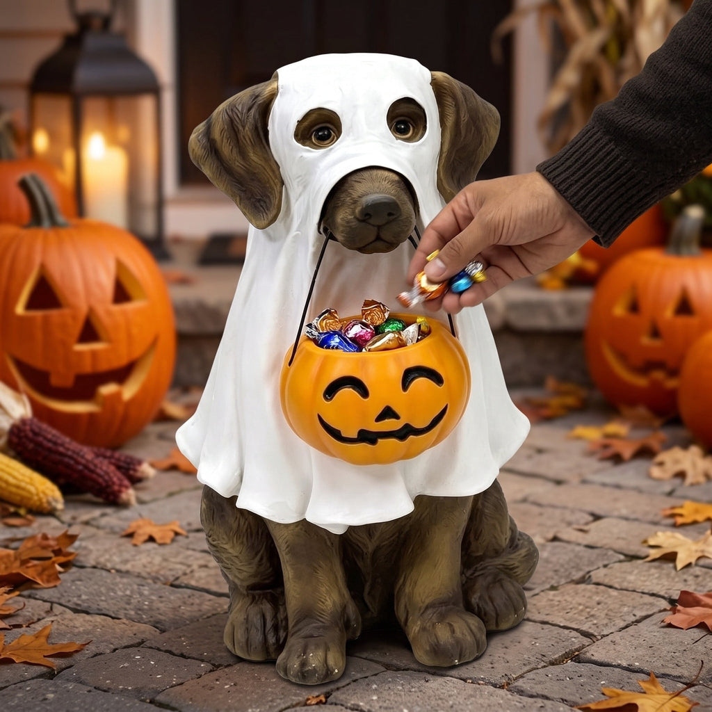 Clearance Halloween Schnauzer Bat Figurine with Ghost Bucket, 8 inch Resin Cute Dog Gifts Tabletop Decor