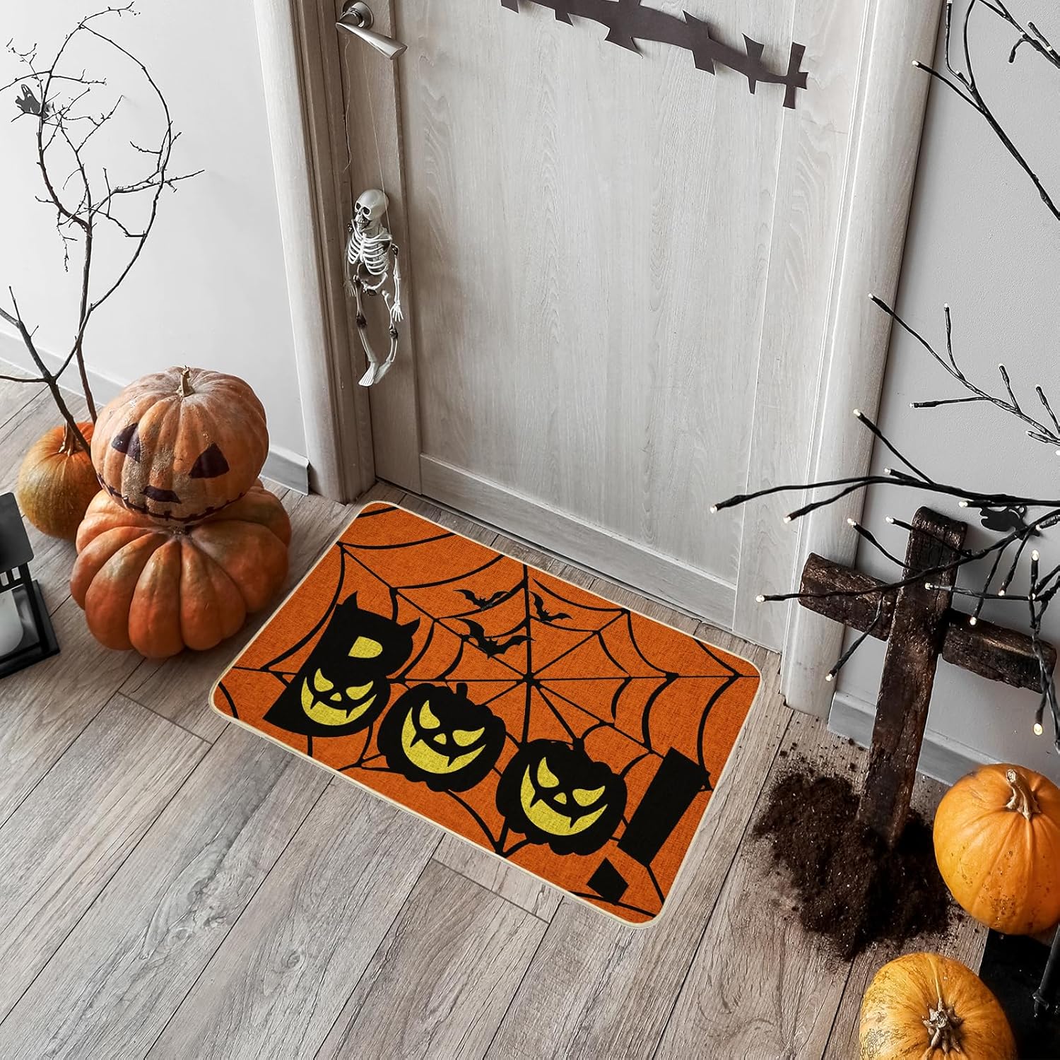 NIETEIN Halloween Door Mat Pumpkin Cat Gnomes Non-Slip Washable 31.5x19.7 Inch (Pumpkin Spider Web BOO)