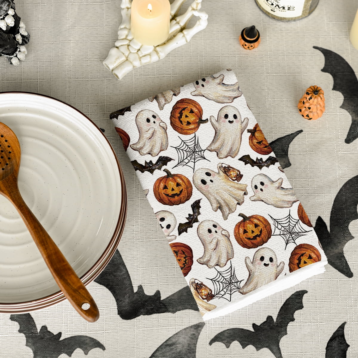 Sm:)e Pumpkin Ghost Bat Happy Halloween Dish Towels Set of 4, 18x26 Inch, Seasonal Holiday Hand Towels for Kitchen and Dining Table