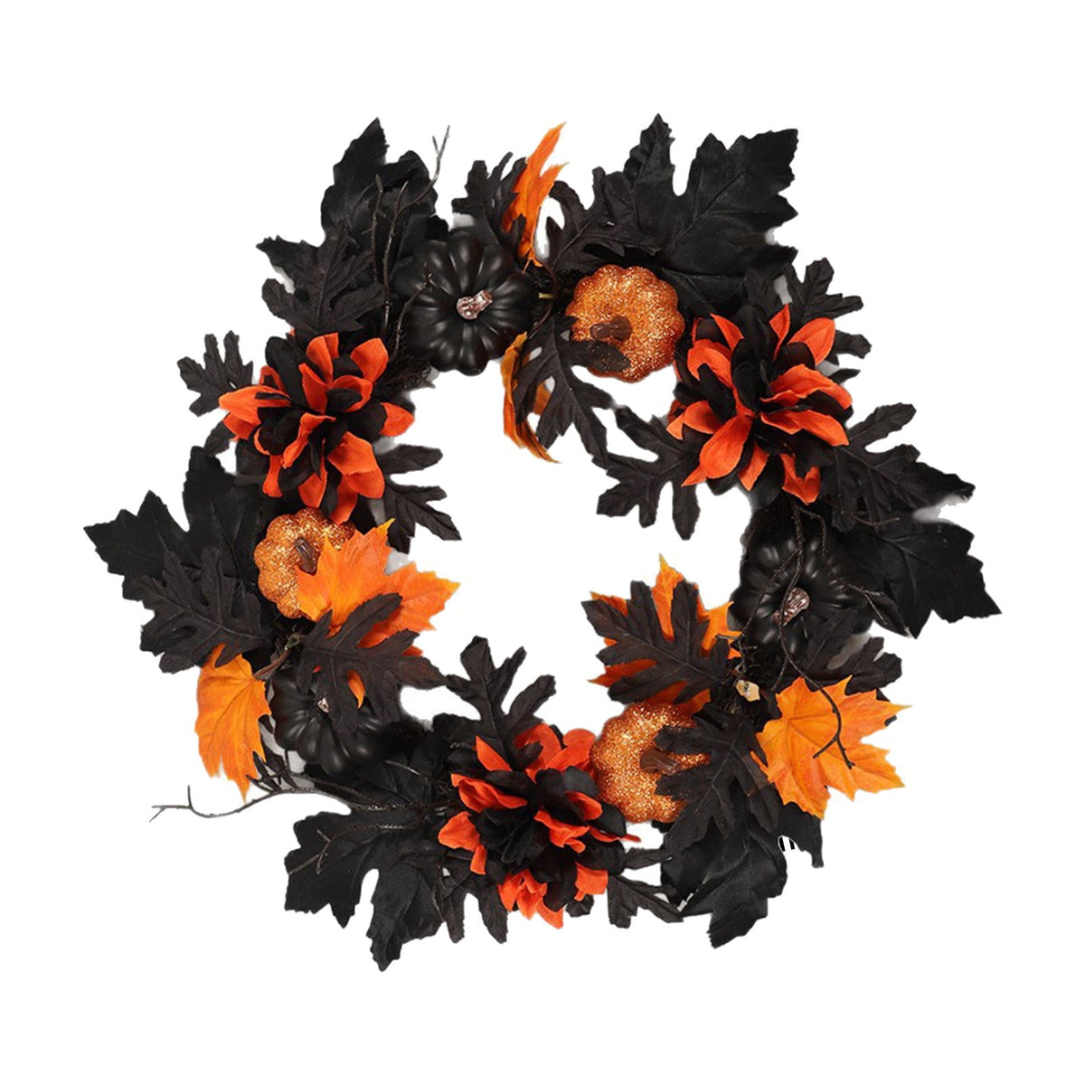 18 Inch Black Orange Pumpkin Peony Halloween Wreath, Artificial Maple Leaf Front Door Wreath, Weatherproof Fall Harvest Ornament for Indoor Outdoor Halloween Decorations Thanksgiving Porch Wall Decor