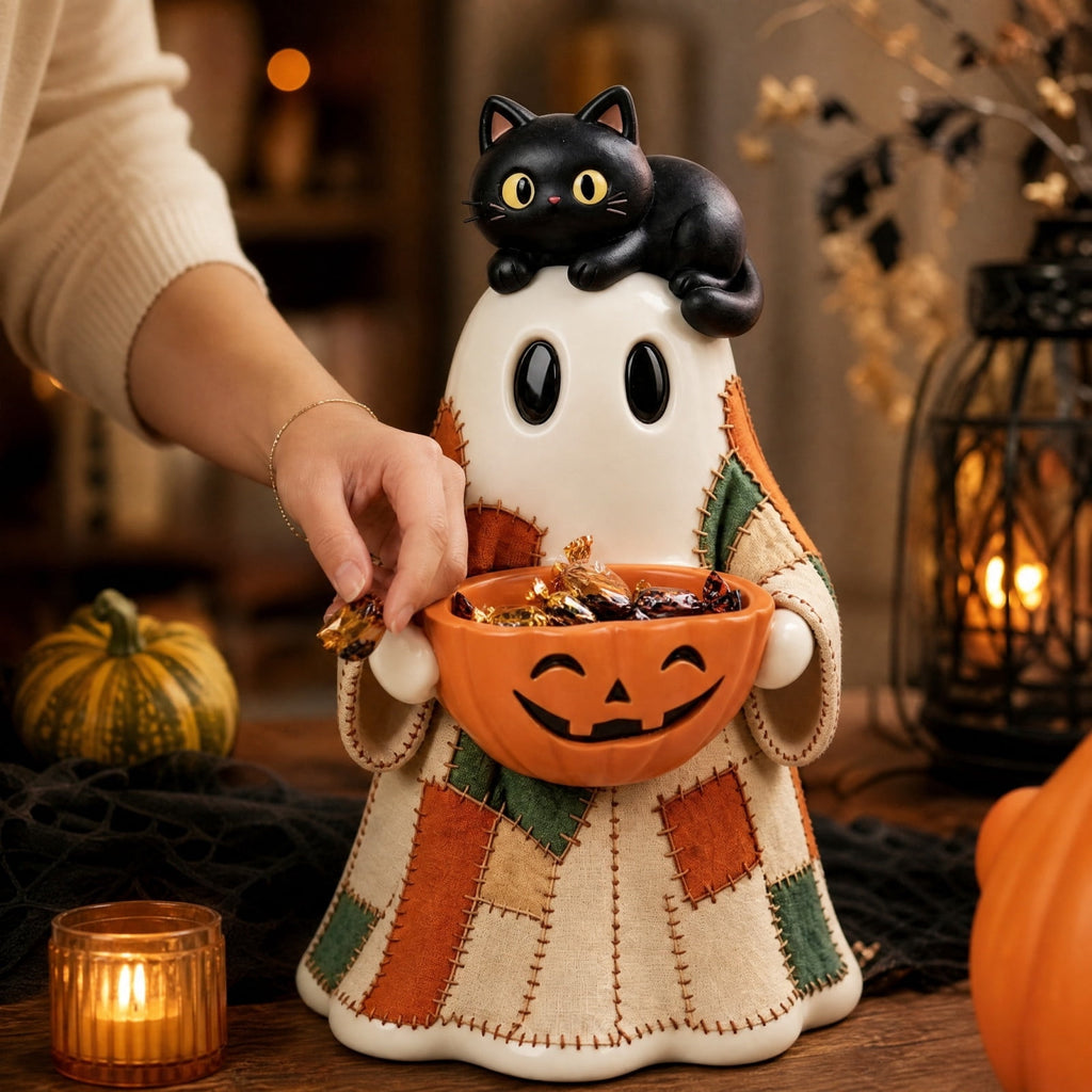 Diceymbol Halloween Pumpkin Snack Bowl Stand Collapsible Broomstick Candy Tray for Cupcakes & Desserts, Resin Serving Platter with Ceramic Pumpkin Bowls