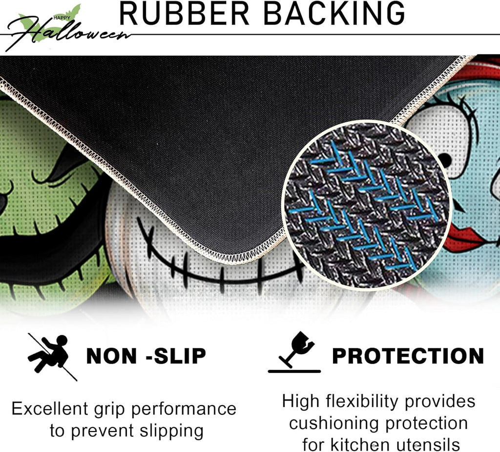 Halloween Jack Skellington Kitchen Rugs Set of 2, Green Monster Mayor Jack O Lantern Pumpkin Kitchen Mats Decor, Funny Holiday Ghost Floor Door Mat Home Decorations - 17x29 and 17x47 Inch