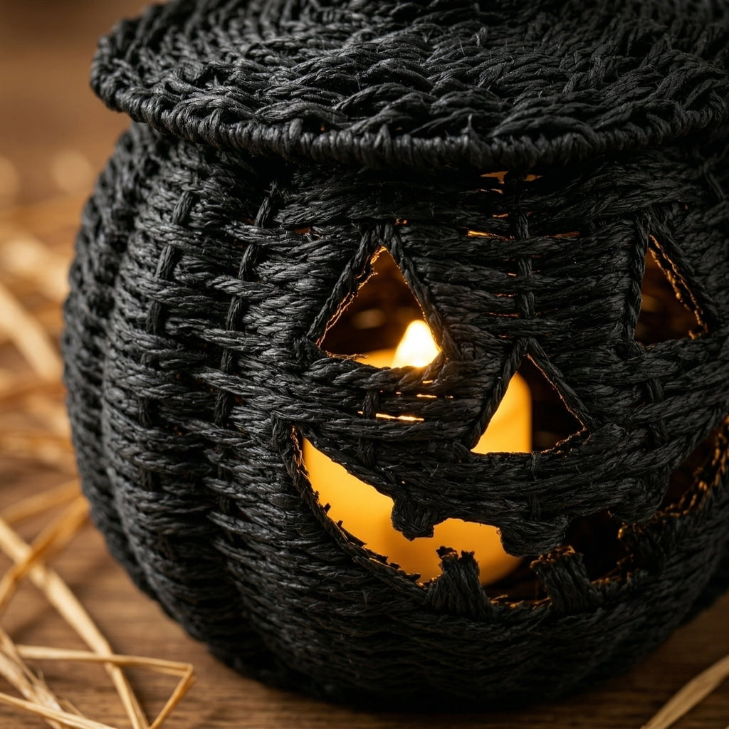 2026 Halloween Black Woven Seagrass Pumpkin Storage Basket with Lid, Fall Indoor Home Decorations for Halloween Party Home Halloween Decor, 10.2 inch