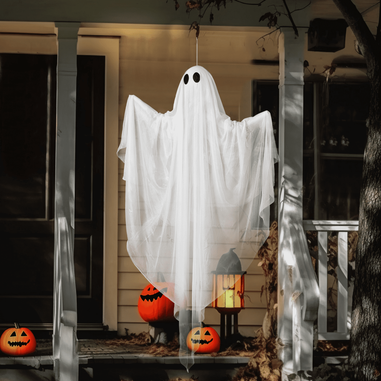 Joyfy 47" Halloween Hanging Light up Ghost Decorations Outdoor,White Ghosts with Blue LED Light and Timer Halloween Hanging Decoration Waterproof for Front Yard Patio Lawn