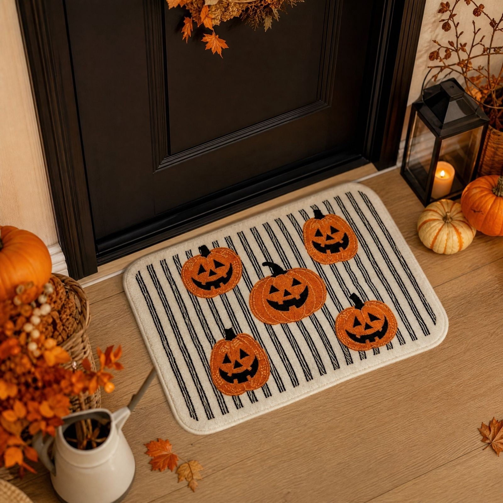 PYURTEP Halloween Door Mat Pumpkin Bat Pattern Entryway Doormats Non-Slip Indoor Outdoor Welcome Mat for Halloween Decor