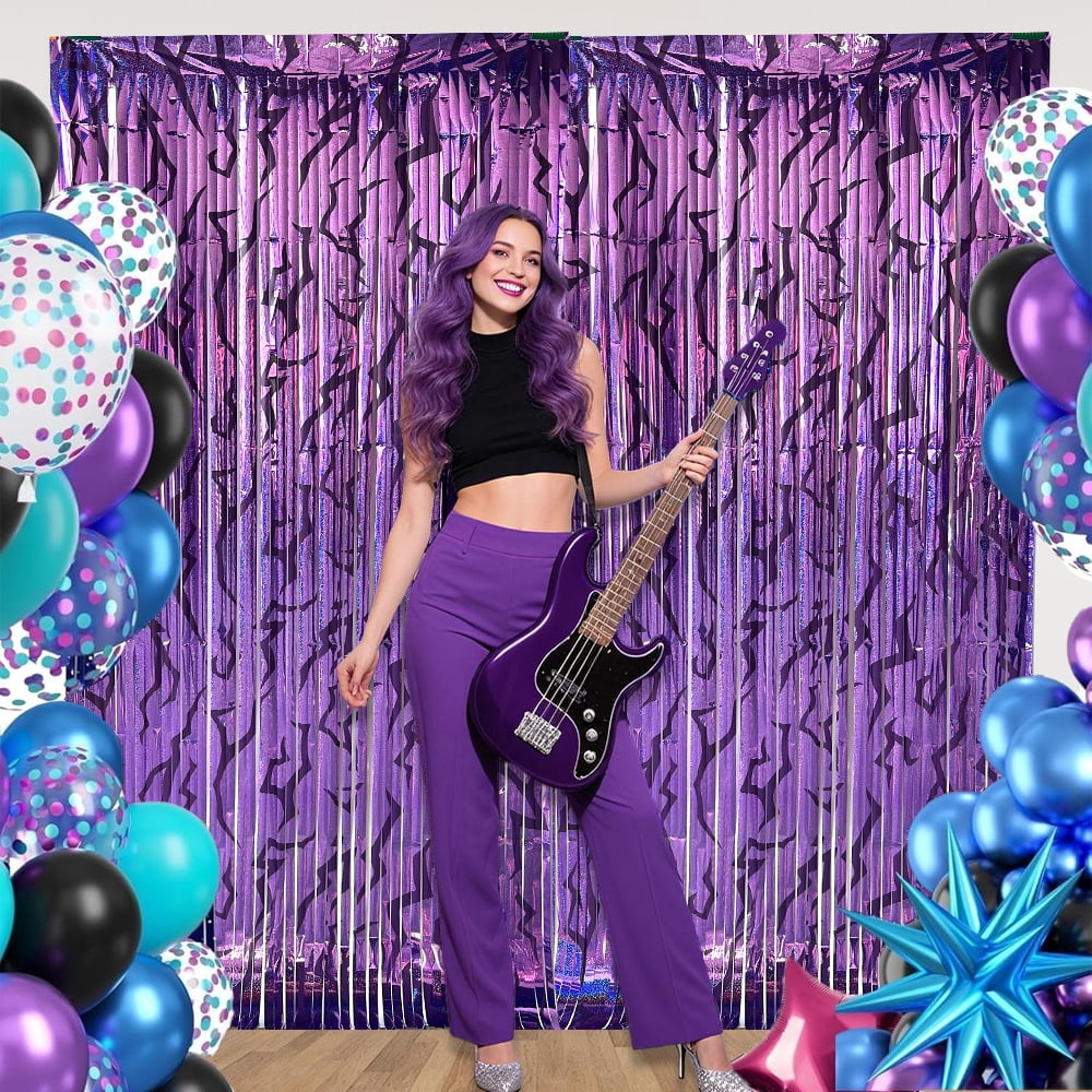 3PCS Foil Fringe Curtains Purple Gradient Holographic Backdrop with Demon Energy Pattern, 6.6ft Streamer Decorations for Birthday Graduation Bachelor Party