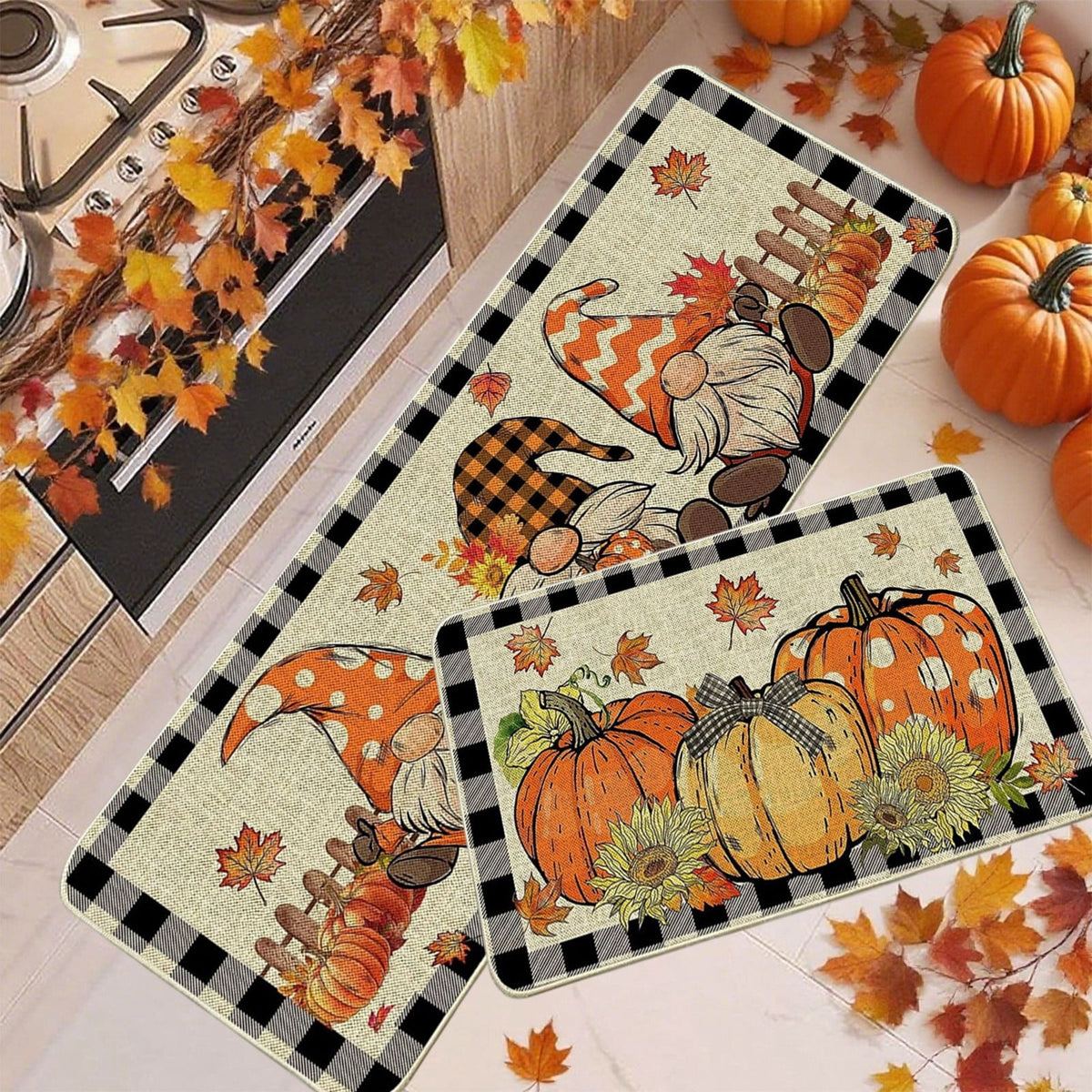 HOARBOEG Fall Pumpkin Maple Leaf Floor Mat 2-Piece Set - Non-Slip Halloween Thanksgiving Decorative Rug for Bathroom, Kitchen, Porch, Entrance, Polyester Foot Mats, Easy Clean Indoor/Outdoor