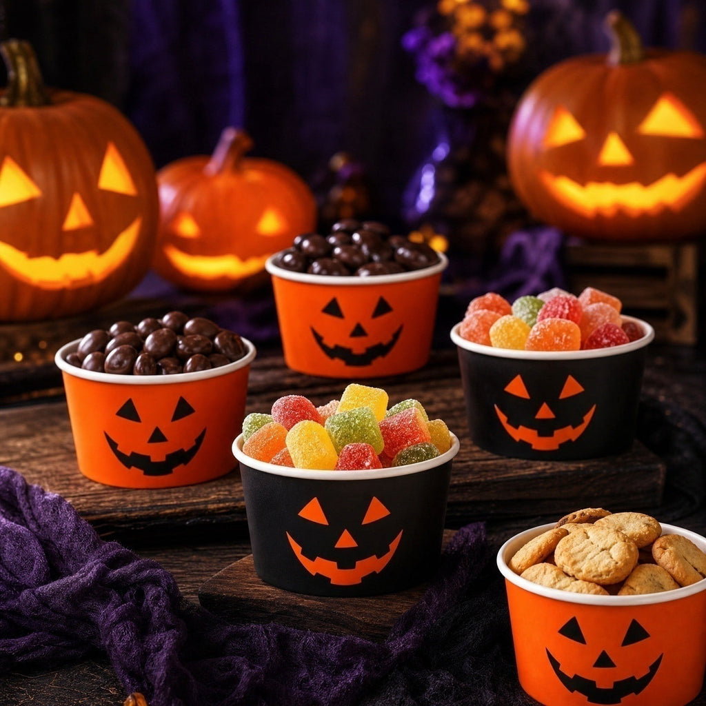 50Pcs Halloween Treat Snack Cups Ghost Pumpkin Face Pattern Disposable Paper Bowls 9oz Orange Black Paper Cups Dessert Ice Cream Bowls for Trick or Treat Halloween Movie Party Favor Supplies, 2 Style