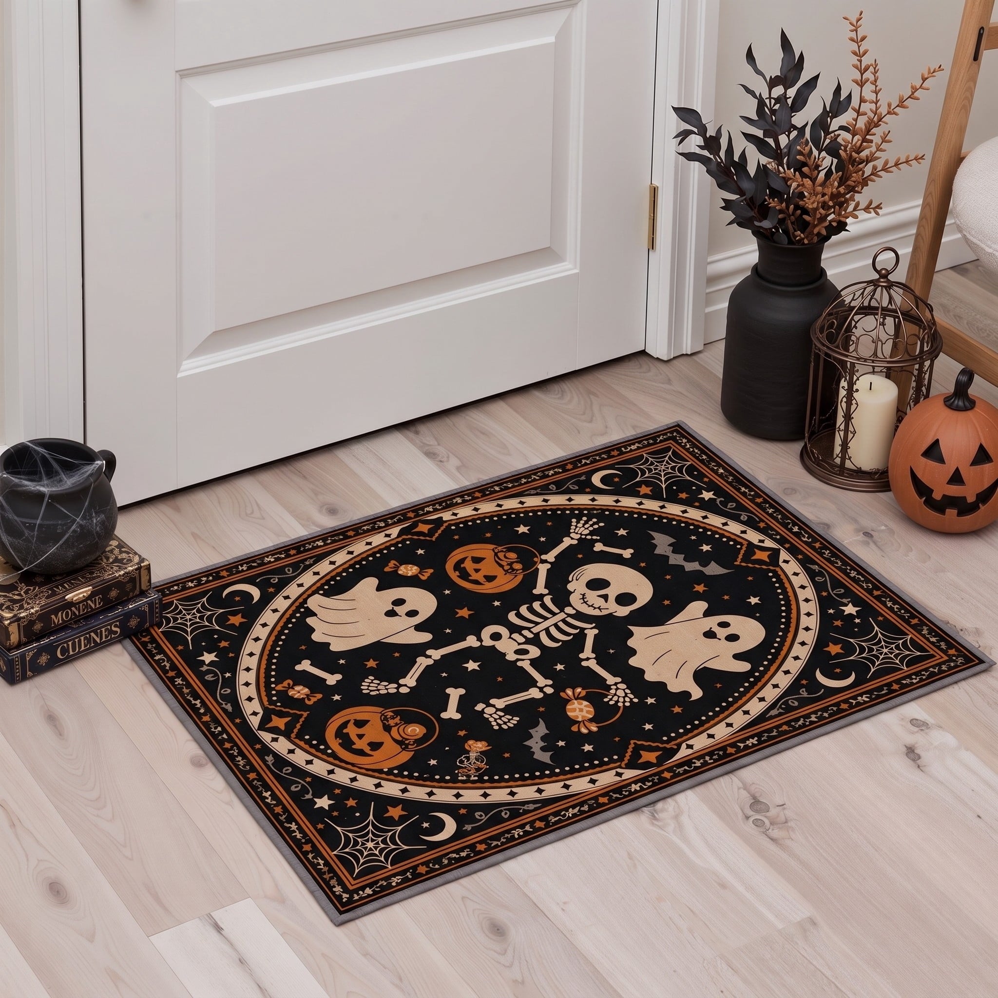 GENIMO 5'x7' Halloween Area Rug for Living Room, Washable Non Slip Soft Vintage Witch Indoor Rug for Bedroom Dining Room Home Office, Retro Sepia
