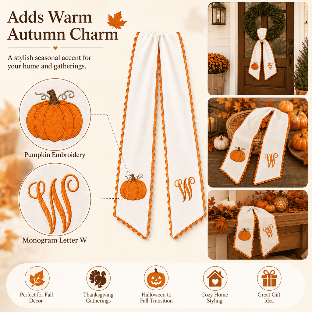 Pumpkin Embroidered Wreath Sash, 50 x 5 inch Orange Scalloped Lettered Ribbon for Halloween, Thanksgiving, Front Door, Seasonal Garland and Fall Home Decor, W