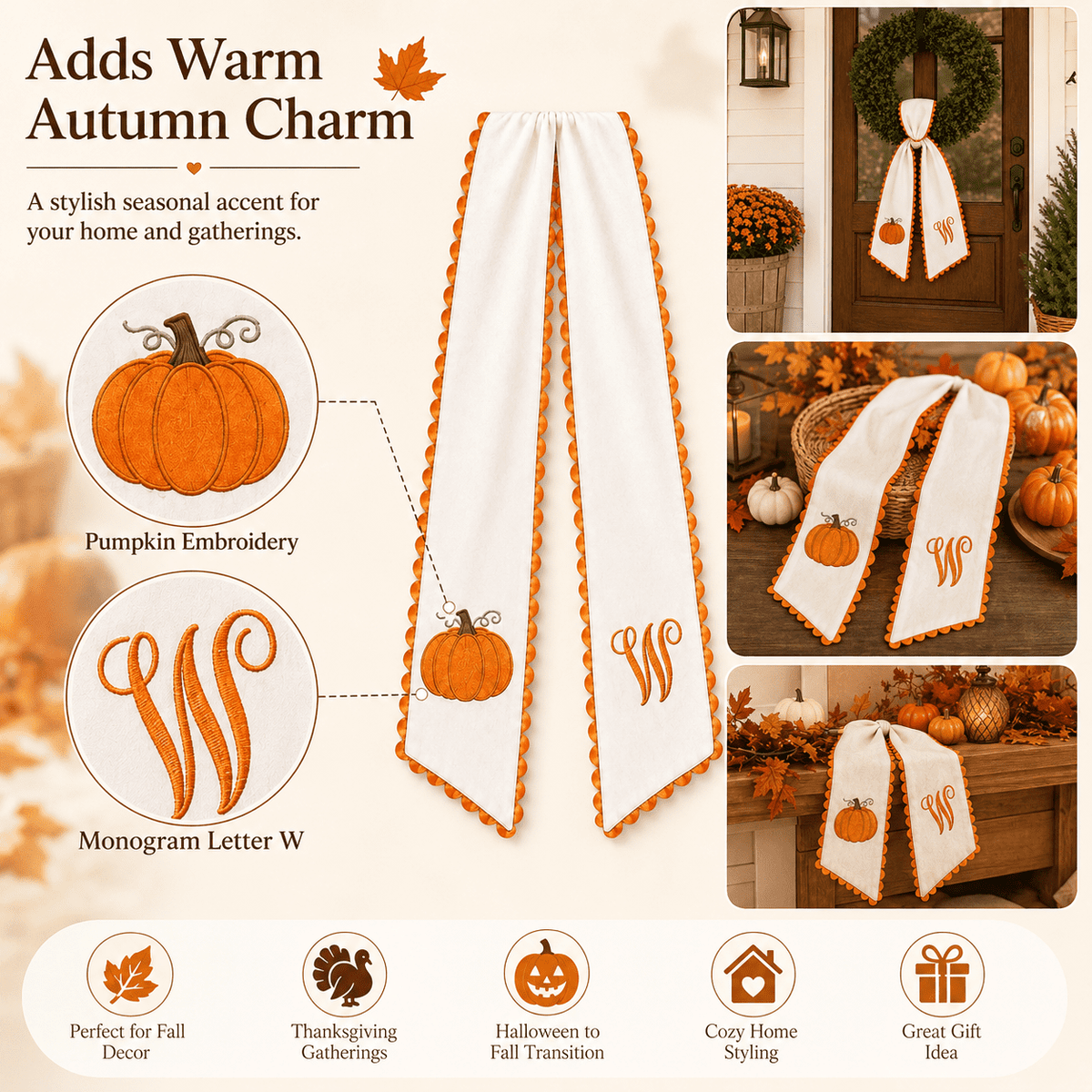 Pumpkin Embroidered Wreath Sash, 50 x 5 inch Orange Scalloped Lettered Ribbon for Halloween, Thanksgiving, Front Door, Seasonal Garland and Fall Home Decor, I