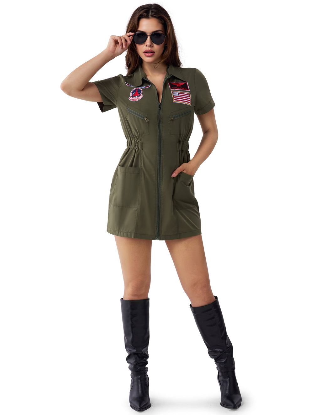 Joyfy Flight Pilot Costume for Adults Pilots Uniform Costume Movie Icon Green Jumpsuit for Men Halloween Party Fancy Dress up Cosplay