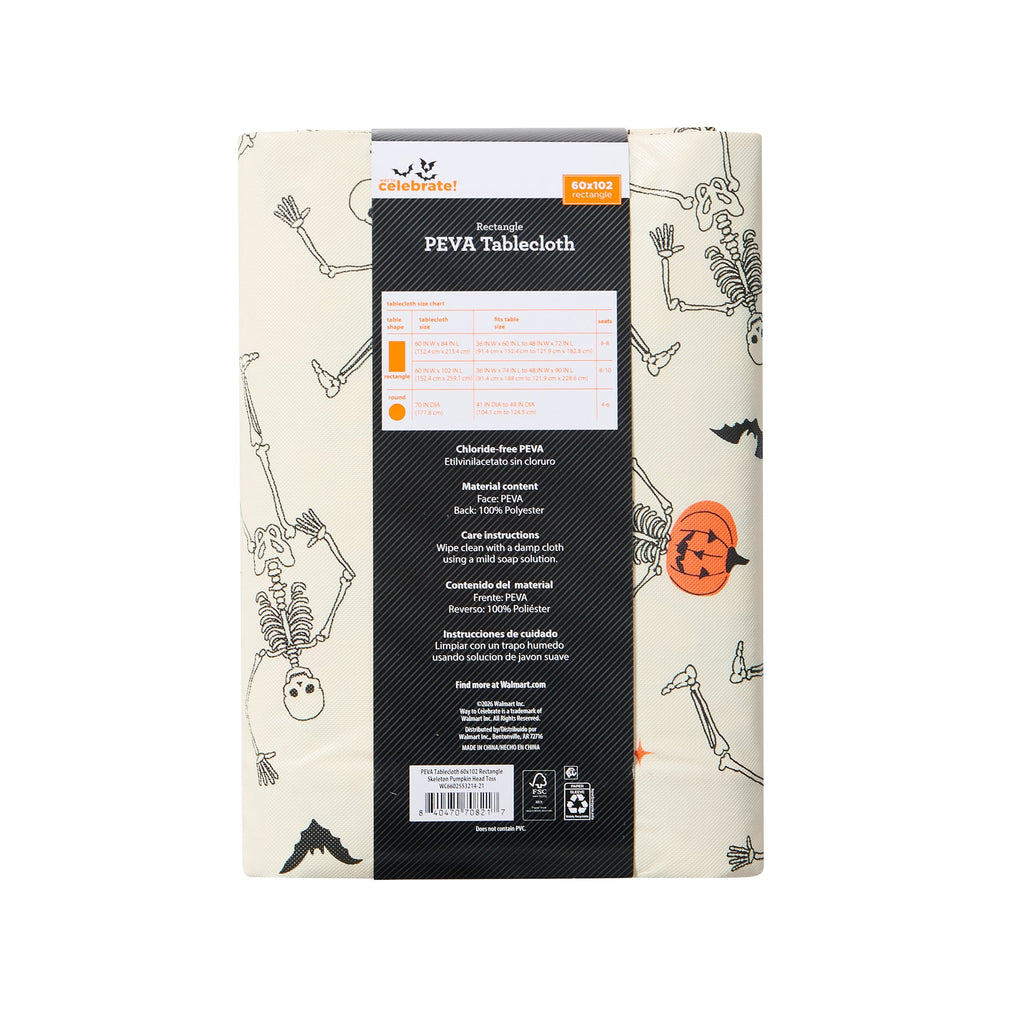 Way To Celebrate Halloween PEVA Tablecloth, For Table 60" x 102" - Skeleton Pumpkin Head Toss