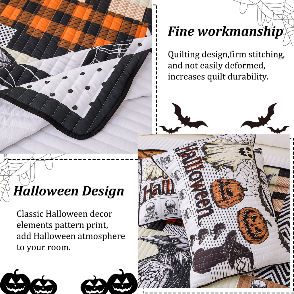 Evenhug Halloween Quilt Set,3-Piece Queen Size Bat Crow Pumpkin Halloween Themed Bedding Set Reversible Coverlet Set with 2 Pillow Shams