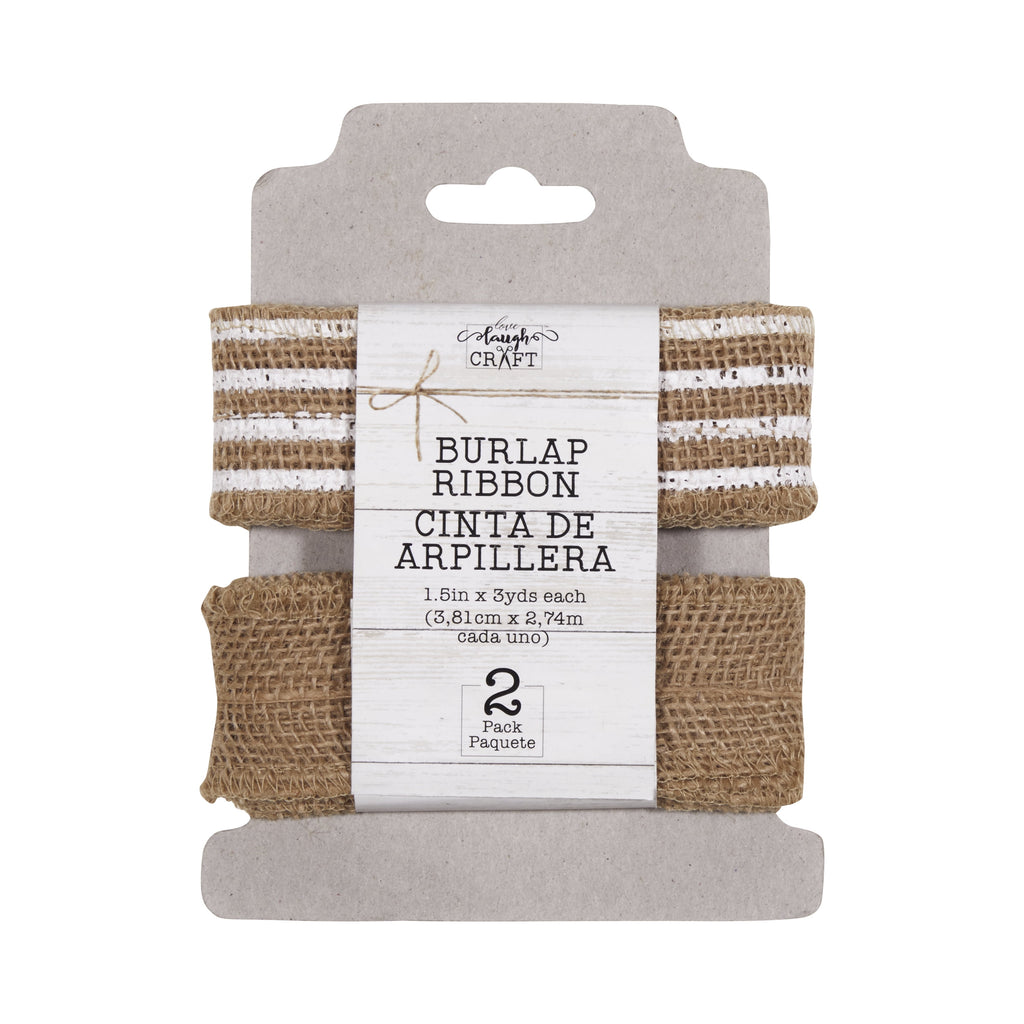 Love, Laugh, Craft Burlap Ribbon Set, 1.5"W x 3-Yds, Natural/White Stripe