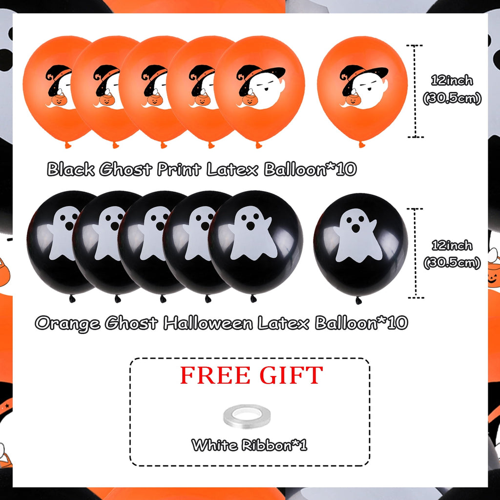 20psc Orange Black Ghost Theme Balloon, printed with orange Halloween Ghost pattern, both orange and black balloons have Halloween Ghost decoration party supplies