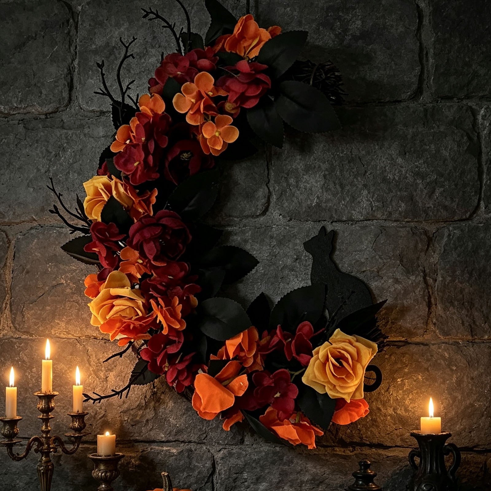 Gcvizuso Halloween Crescent Floral Wreath, Orange Red Rose Hydrangea Fall Front Door Decor for Autumn Harvest Celebration