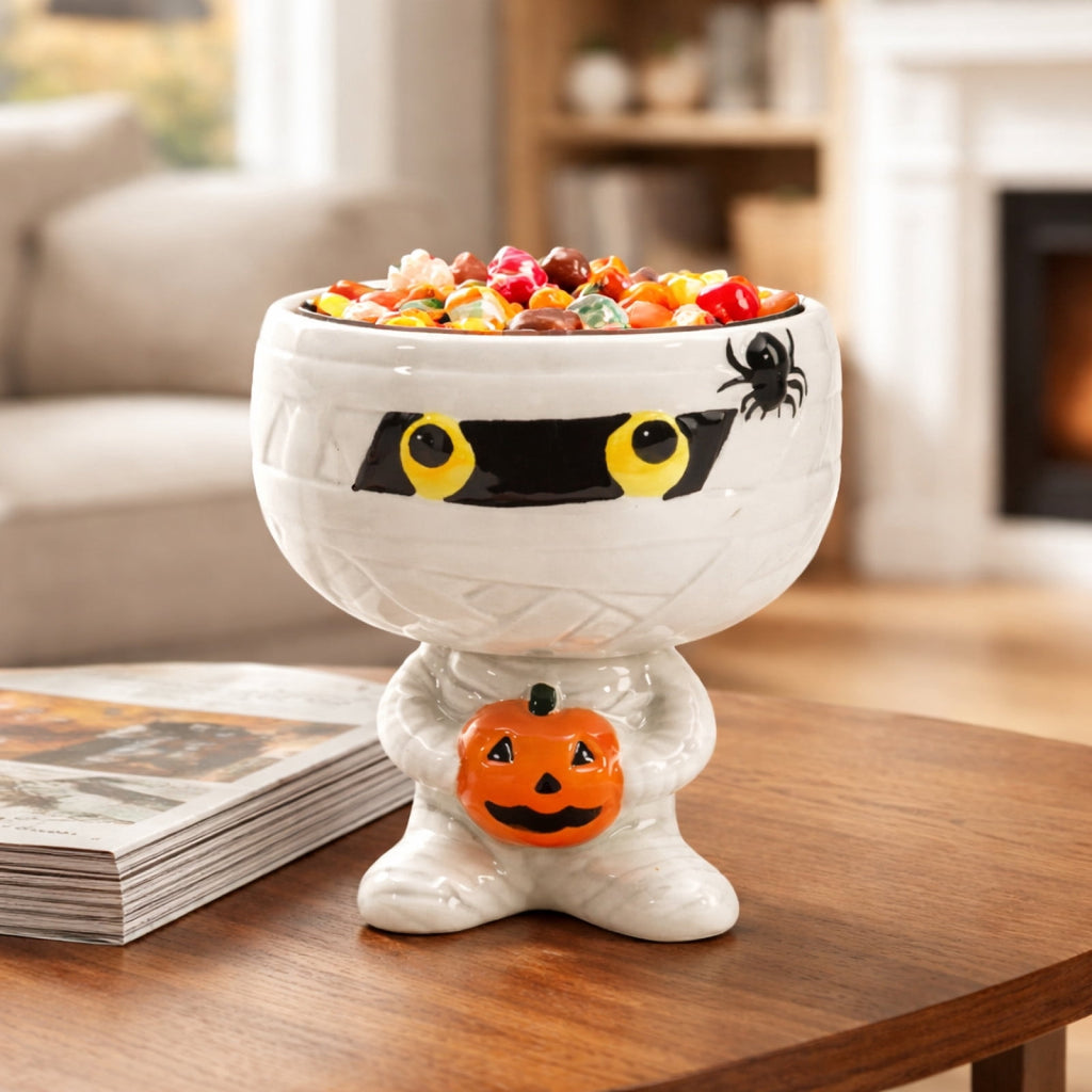 Diceymbol Halloween Pumpkin Snack Bowl Stand Collapsible Broomstick Candy Tray for Cupcakes & Desserts, Resin Serving Platter with Ceramic Pumpkin Bowls